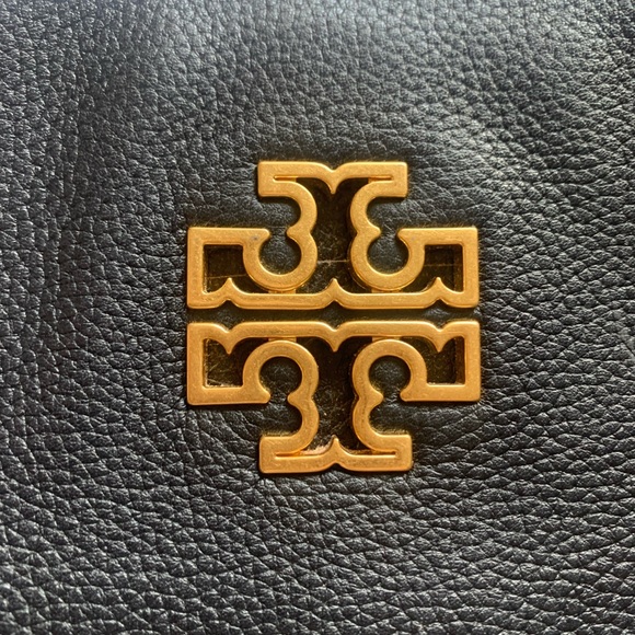 TORY BURCH Britten Pebbled Leather Slouchy Tote Handbag. Black - Picture 2 of 14